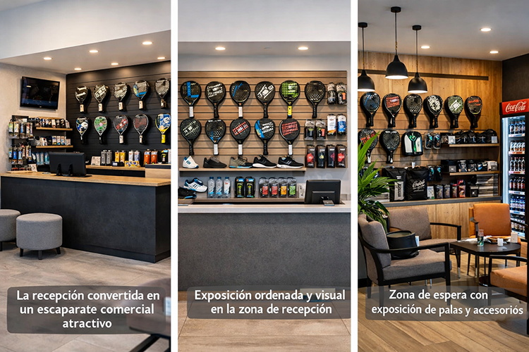 padel club reception area with professional display of rackets and accessories